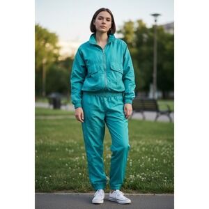 EVR Vintage 100% Silk Tracksuit Teal Green 2 Piece Set Jacket Pants Womens PS